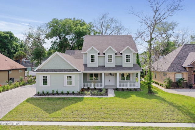 cape cod-style house with a front lawn and covered porch