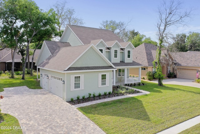 view of front of home featuring covered porch, a garage, and a front yard