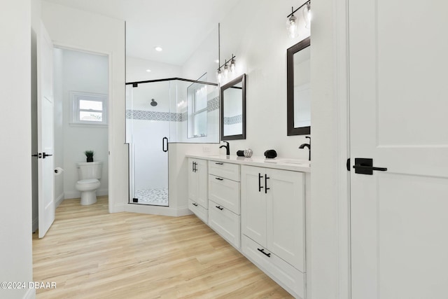 bathroom with hardwood / wood-style floors, a shower with shower door, vanity, and toilet