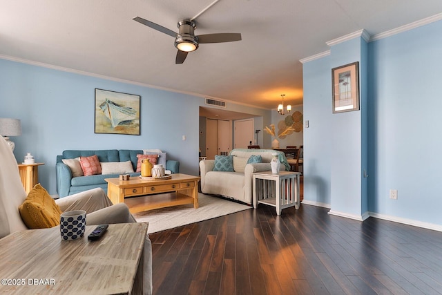 2800 N Atlantic Ave Unit 206, Daytona Beach, FL 32118 - living room with a ceiling fan, crown molding, baseboards, dark wood-style floors, and a chandelier