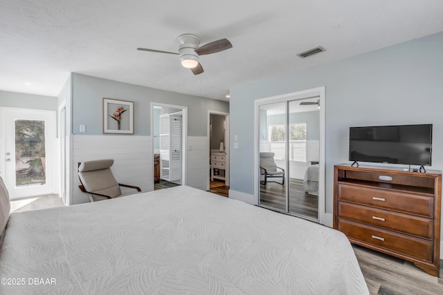 bedroom featuring ceiling fan and light hardwood / wood-style floors