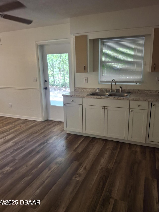 1031 NE 39th Ct, Ocala, FL 34470 - kitchen featuring plenty of natural light, ceiling fan, dark wood-style flooring, and white cabinets