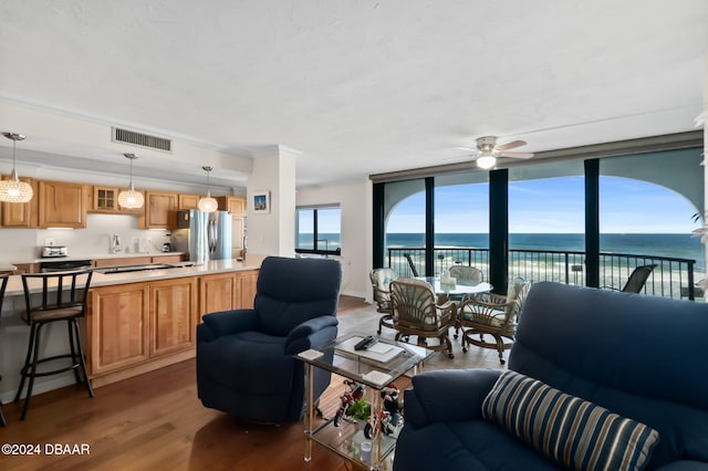 living room with dark hardwood / wood-style flooring, a water view, sink, and ceiling fan