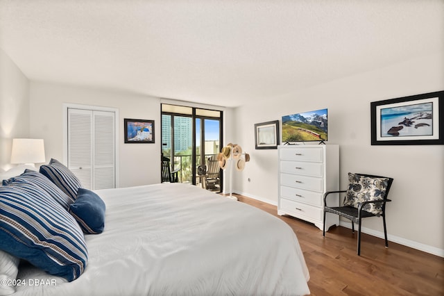 bedroom featuring access to exterior, a closet, and dark hardwood / wood-style flooring