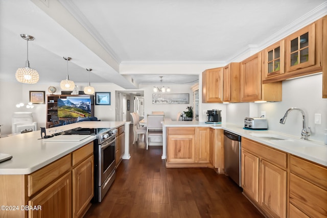 kitchen with dark wood-type flooring, pendant lighting, appliances with stainless steel finishes, and crown molding