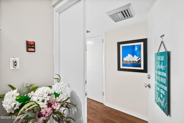 hallway with dark hardwood / wood-style flooring