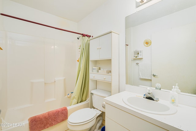 full bathroom with toilet, shower / tub combo with curtain, and vanity