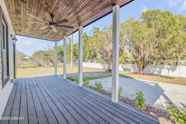 182 Howes St, Oak Hill, FL 32759 - wooden terrace with a patio, a lawn, fence, and a ceiling fan