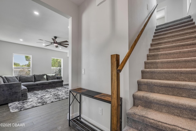 182 Howes St, Oak Hill, FL 32759 - stairway with ceiling fan, wood finished floors, and recessed lighting