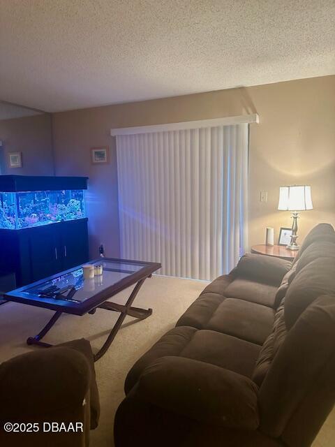 living area with a textured ceiling and carpet