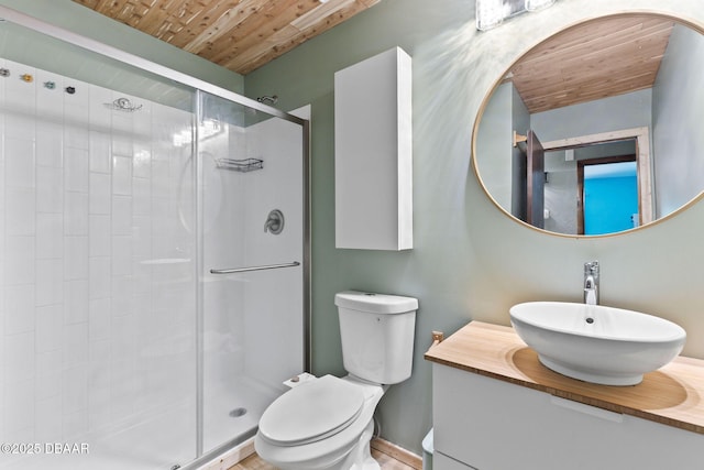 292 Fir St, Ormond Beach, FL 32174 - bathroom with wood ceiling, a shower stall, toilet, vanity, and baseboards