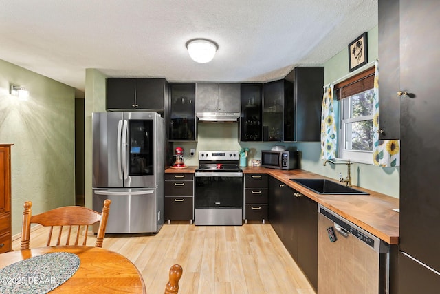 292 Fir St, Ormond Beach, FL 32174 - kitchen with appliances with stainless steel finishes, a sink, butcher block countertops, under cabinet range hood, and light wood-style flooring