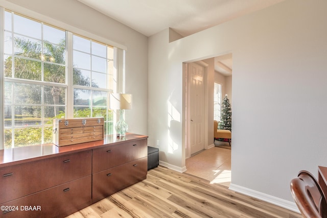 unfurnished bedroom featuring light wood-type flooring and multiple windows