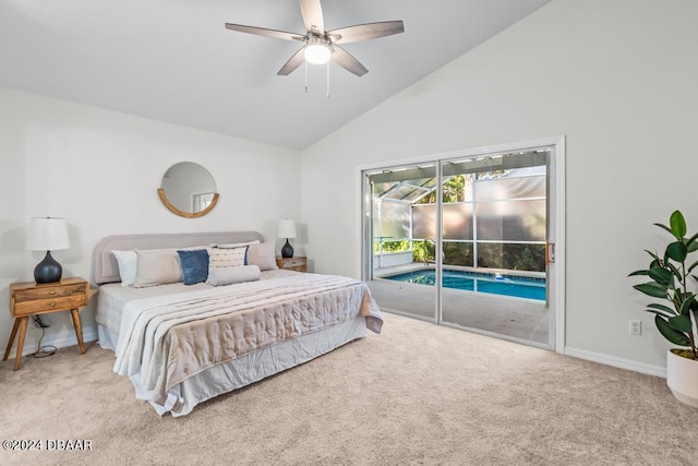 carpeted bedroom featuring access to exterior, baseboards, lofted ceiling, and a ceiling fan