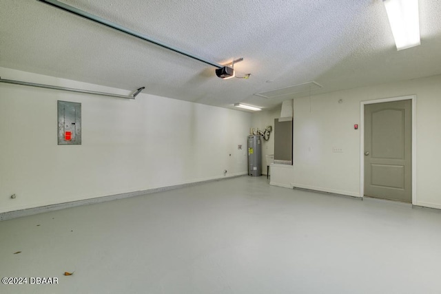 garage with electric panel, a garage door opener, water heater, and baseboards