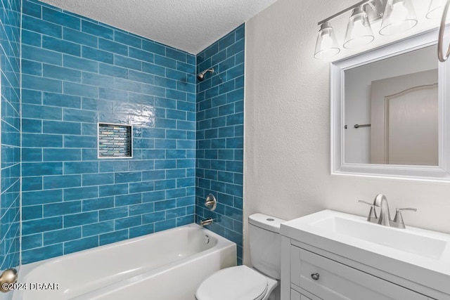 bathroom featuring toilet, a textured ceiling, shower / bath combination, vanity, and a textured wall