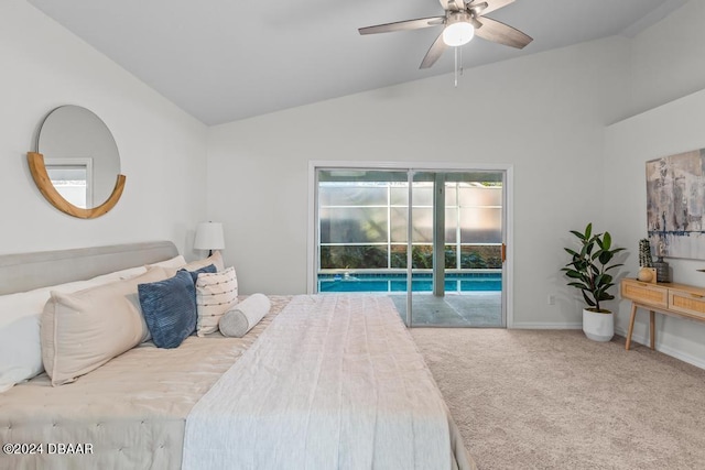 carpeted bedroom with ceiling fan, baseboards, lofted ceiling, and access to outside