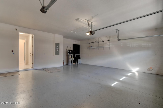 garage featuring a garage door opener, heat pump water heater, and electric panel