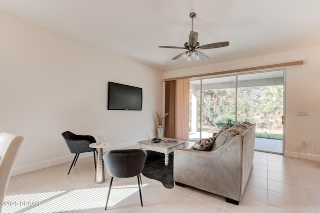 living room with light tile patterned floors and ceiling fan