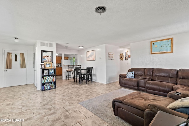 living room with a textured ceiling