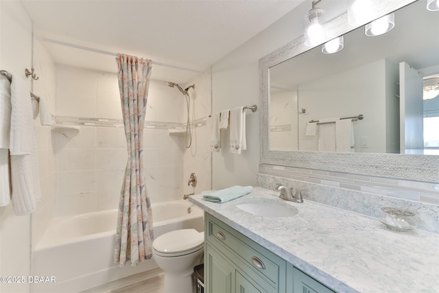 full bath with toilet, shower / tub combo with curtain, and vanity