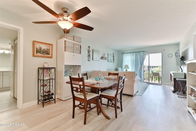 dining area with light wood-type flooring, ceiling fan, and baseboards