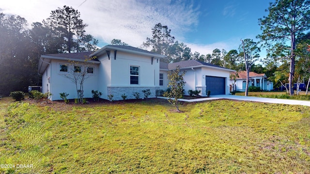 single story home with a garage, a front lawn, and cooling unit