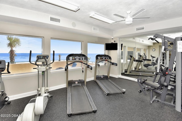 3315 S Atlantic Ave Unit 1606, Daytona Beach Shores, FL 32118 - exercise room featuring a ceiling fan and a water view