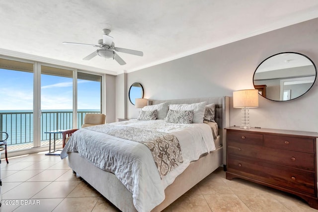 3315 S Atlantic Ave Unit 1606, Daytona Beach Shores, FL 32118 - bedroom with access to outside, light tile patterned flooring, floor to ceiling windows, crown molding, and a water view