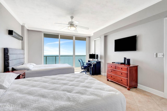 3315 S Atlantic Ave Unit 1606, Daytona Beach Shores, FL 32118 - bedroom featuring crown molding, access to exterior, light tile patterned floors, a desk, and a ceiling fan