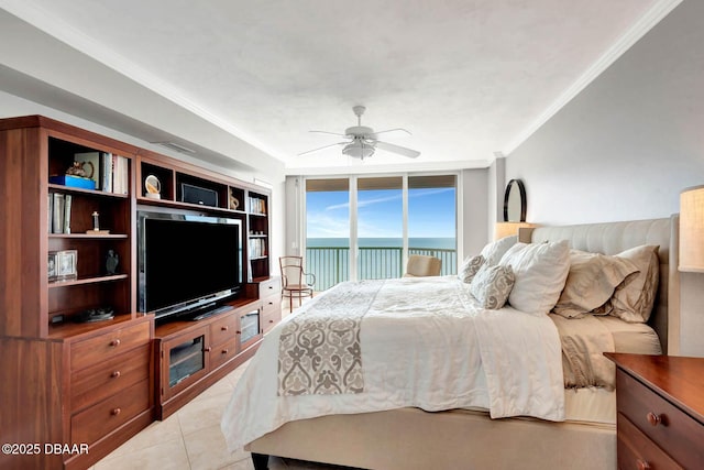 3315 S Atlantic Ave Unit 1606, Daytona Beach Shores, FL 32118 - bedroom featuring access to outside, crown molding, ceiling fan, and light tile patterned floors
