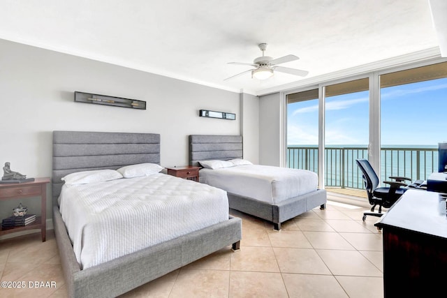3315 S Atlantic Ave Unit 1606, Daytona Beach Shores, FL 32118 - bedroom with access to exterior, floor to ceiling windows, light tile patterned flooring, ceiling fan, and crown molding