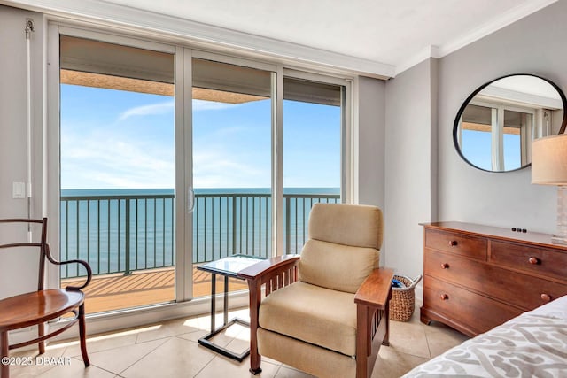 3315 S Atlantic Ave Unit 1606, Daytona Beach Shores, FL 32118 - bedroom with a water view, crown molding, and light tile patterned floors