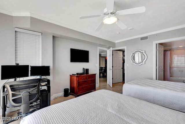 3315 S Atlantic Ave Unit 1606, Daytona Beach Shores, FL 32118 - bedroom with ornamental molding, a desk, and ceiling fan