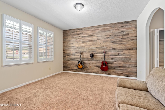 unfurnished room with carpet, wooden walls, an accent wall, and a textured ceiling