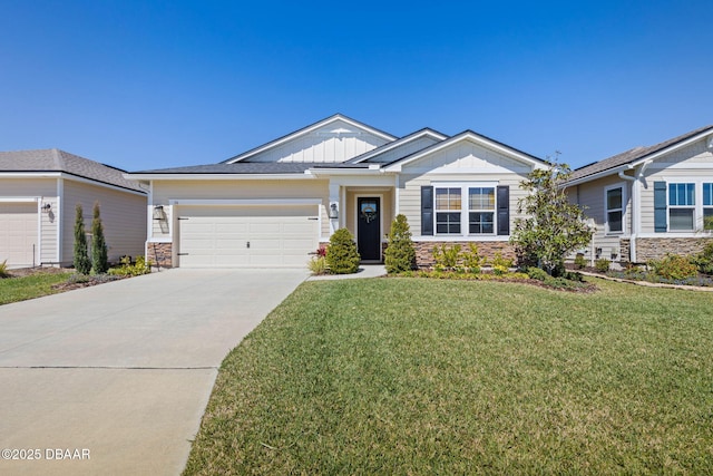 56 Los Lagos Blvd, Palm Coast, FL 32137 - view of front of house featuring stone siding, board and batten siding, a garage, and driveway