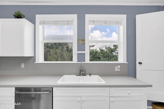 kitchen with stainless steel dishwasher, a wealth of natural light, sink, and white cabinets