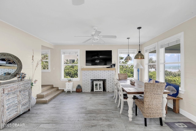 dining room featuring light hardwood / wood-style flooring, a healthy amount of sunlight, and ceiling fan