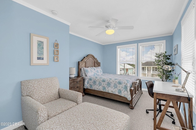 bedroom with ceiling fan, carpet flooring, and ornamental molding