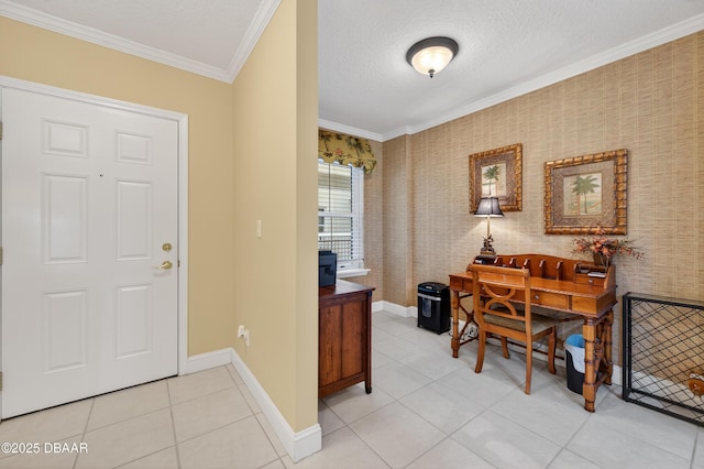 4650 Links Village Dr Unit C402, Ponce Inlet, FL 32127 - entrance foyer featuring crown molding, light tile patterned floors, wallpapered walls, and a textured ceiling
