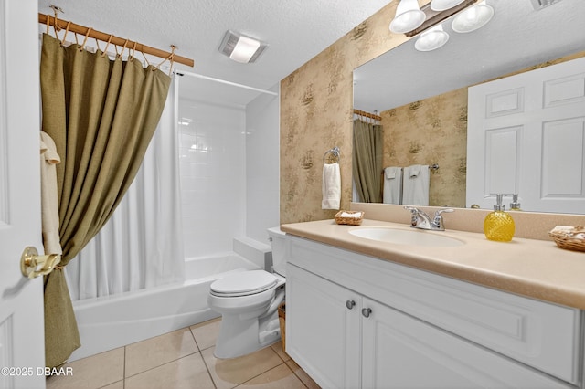 4650 Links Village Dr Unit C402, Ponce Inlet, FL 32127 - bathroom with wallpapered walls, tile patterned flooring, vanity, shower / bath combination with curtain, and a textured ceiling