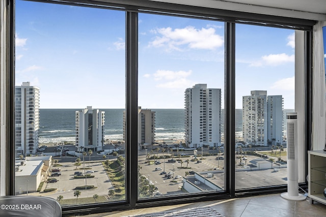 interior space featuring a water view