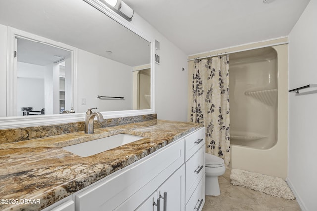 full bathroom featuring tile patterned floors, vanity, shower / bath combination with curtain, and toilet