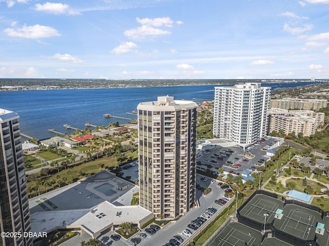 drone / aerial view with a water view