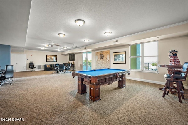 playroom with ceiling fan, a healthy amount of sunlight, carpet floors, and pool table