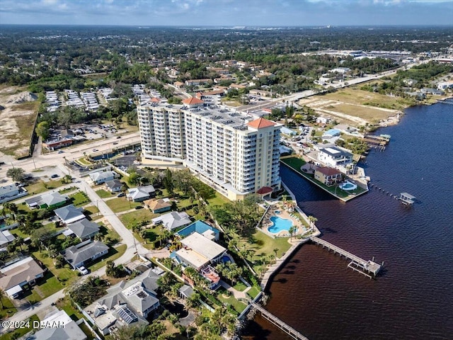 drone / aerial view with a water view