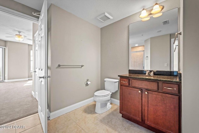 bathroom with tile patterned floors, vanity, ceiling fan, and toilet