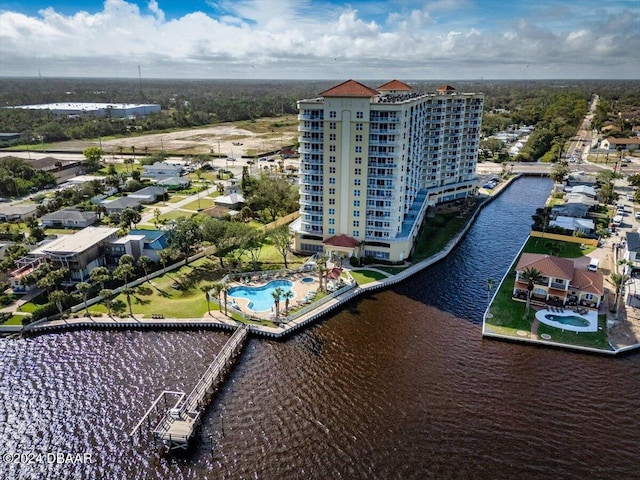 birds eye view of property featuring a water view