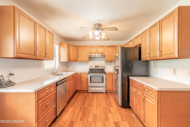 5060 Audubon Ave, Deleon Springs, FL 32130 - kitchen featuring appliances with stainless steel finishes, under cabinet range hood, a ceiling fan, light wood-style floors, and light countertops
