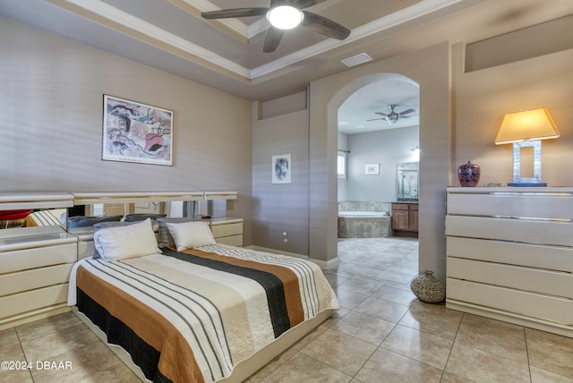 bedroom with ceiling fan, crown molding, and light tile patterned floors